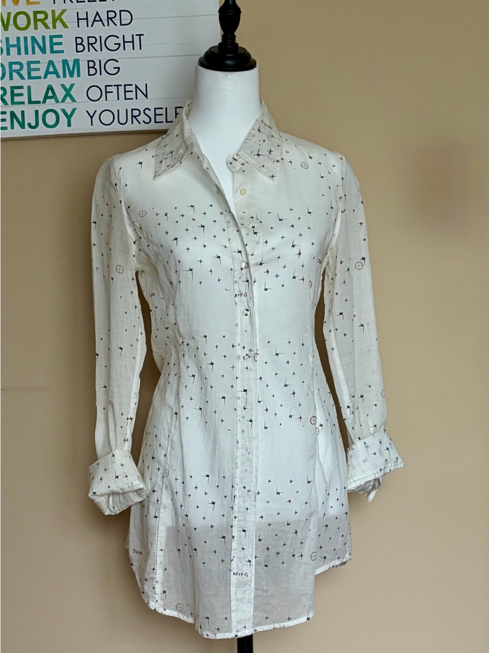 Women's White Button-Down Tunic Shirt with Tiny Black Print